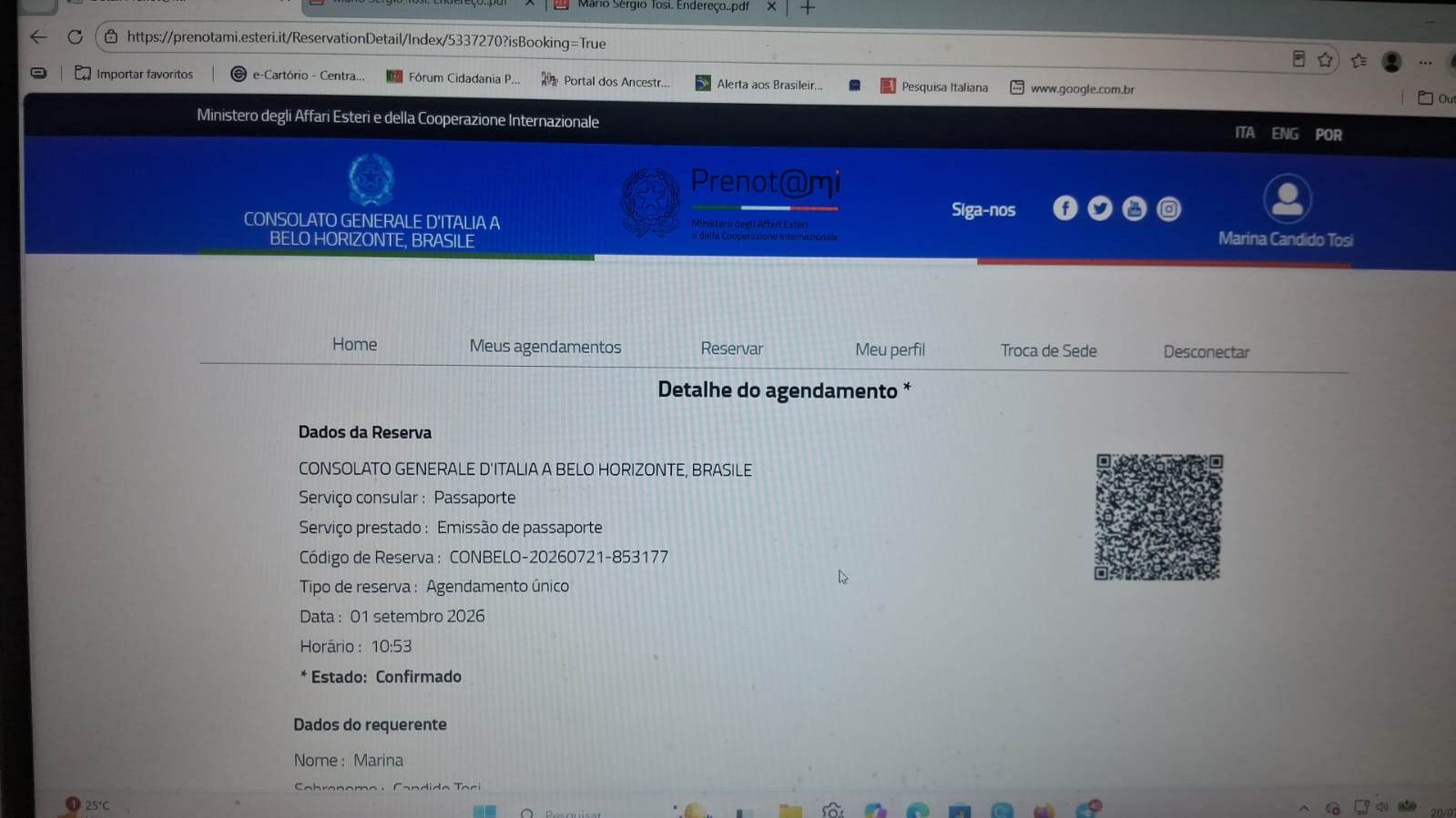 Comprovante oficial do Prenot@mi com status Confirmado — agendamento de passaporte no Consulado Italiano